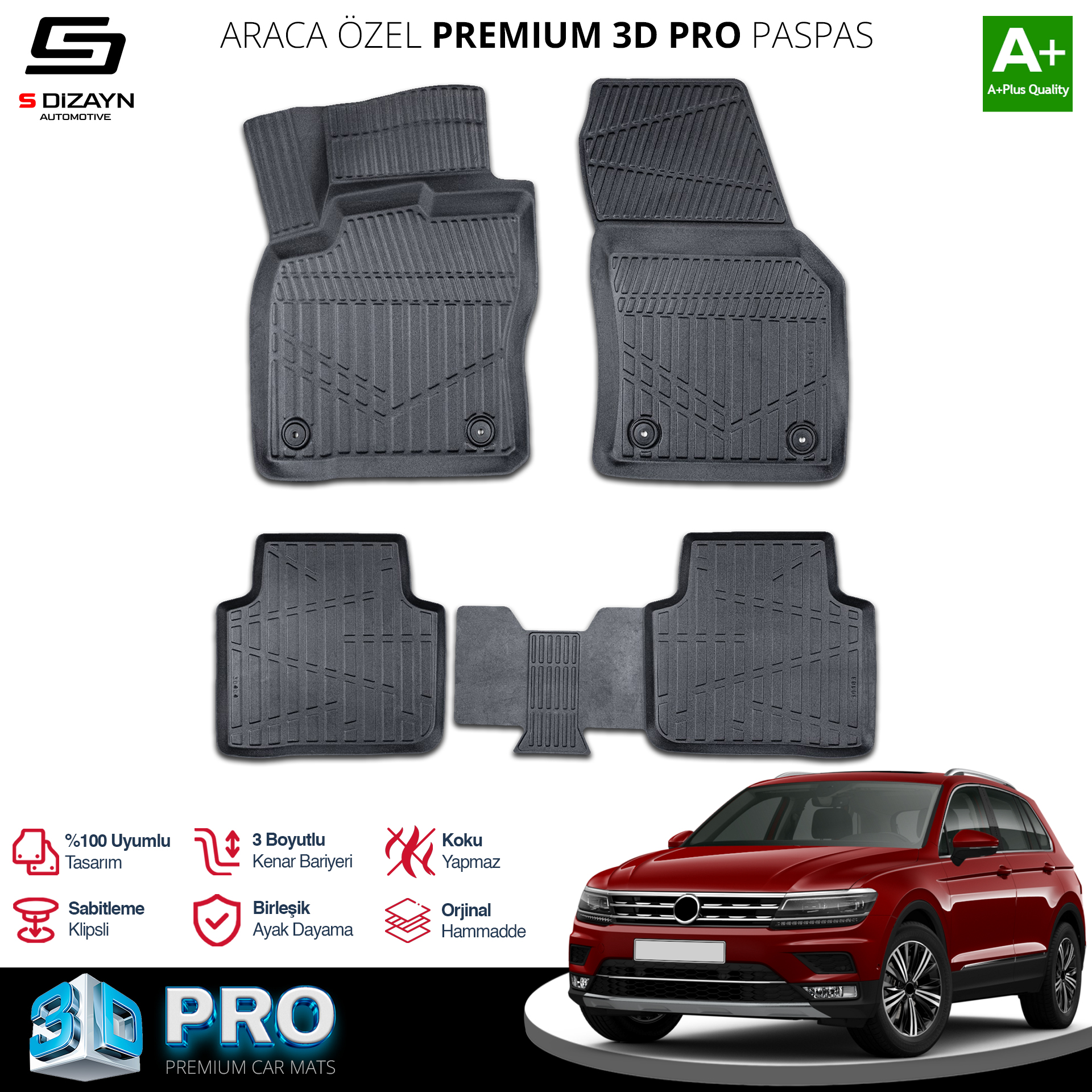 S-Dizayn VW Tiguan Allspace 3D Pro Havuzlu Paspas 2016-2024 A+ Kalite S-Dizayn VW Tiguan Allspace 3D Pro Havuzlu Paspas 2016-2024 A+ Kalite