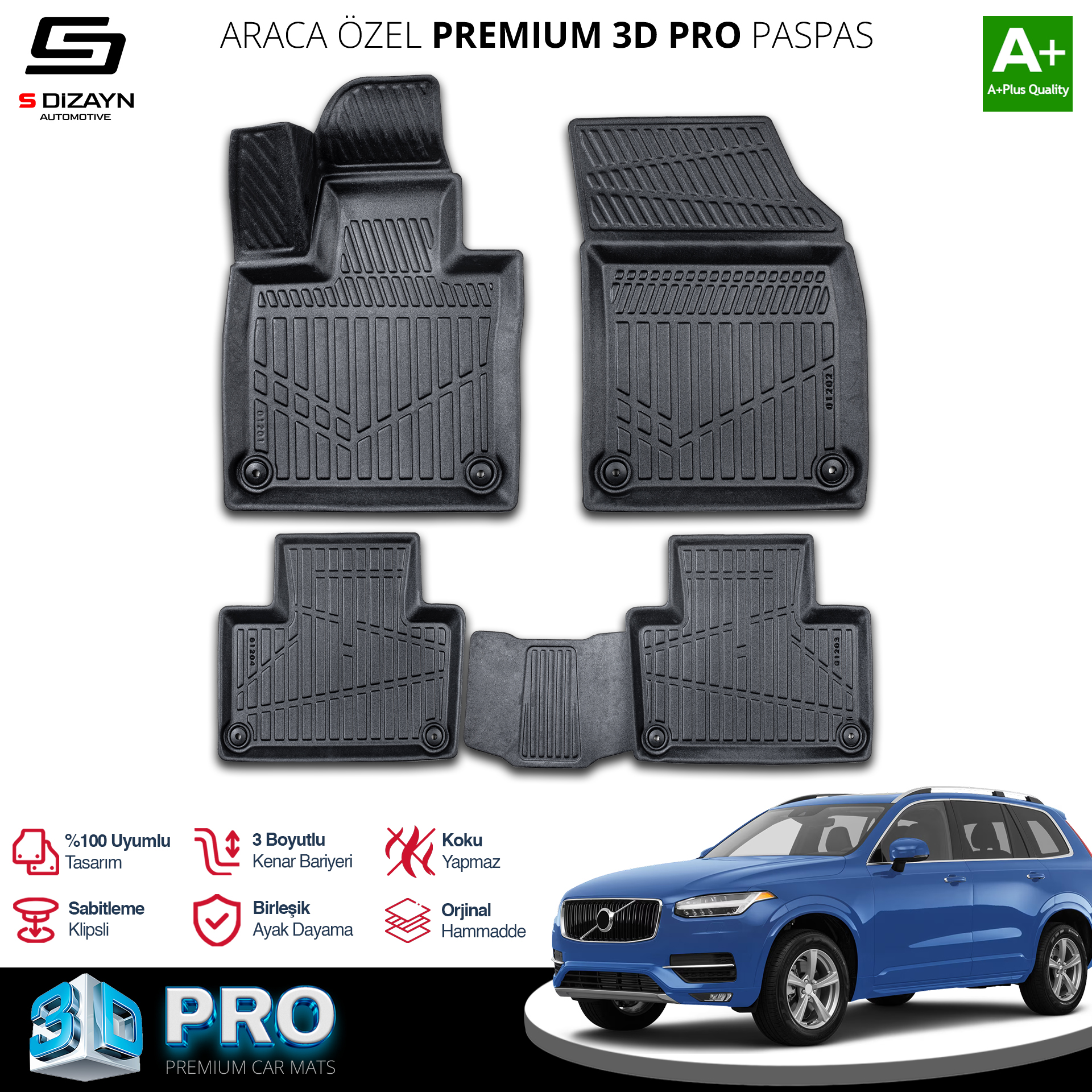 S-Dizayn Volvo XC90 3D Pro Havuzlu Paspas 2017 Üzeri A+ Kalite S-Dizayn Volvo XC90 3D Pro Havuzlu Paspas 2017 Üzeri A+ Kalite